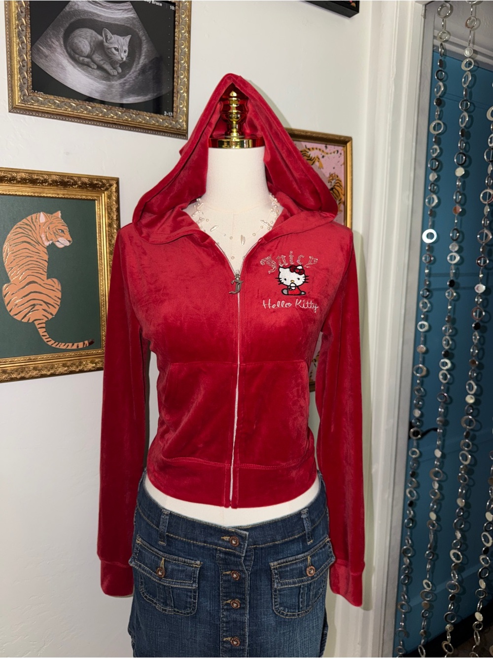 Y2K Juicy Hello Kitty Women's Red Velour Zip Hoodie